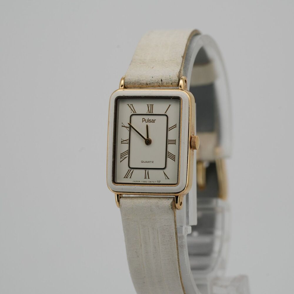 Vintage Pulsar Y580-528H 18mm Tank Women’s Watch White Roman Numerals Gold Tone